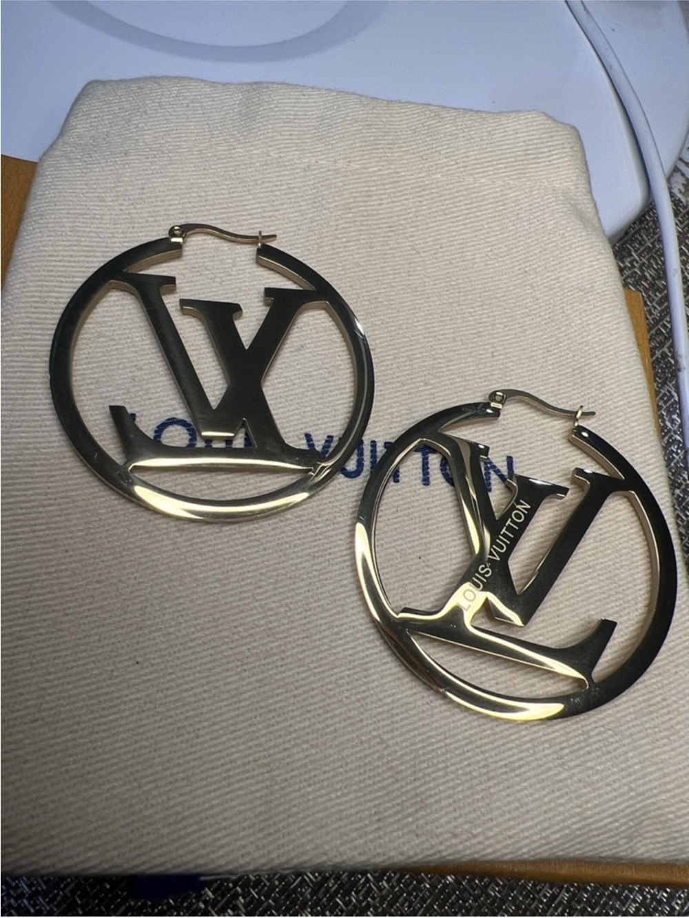 Louis Vuitton Shiny Gold LV Cutout Hoop Earrings - Picture 2 of 2
